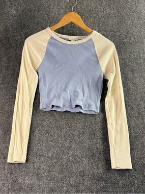 Full Tilt Two-Tone Ribbed Long Sleeve Crop Top - Blue and Cream